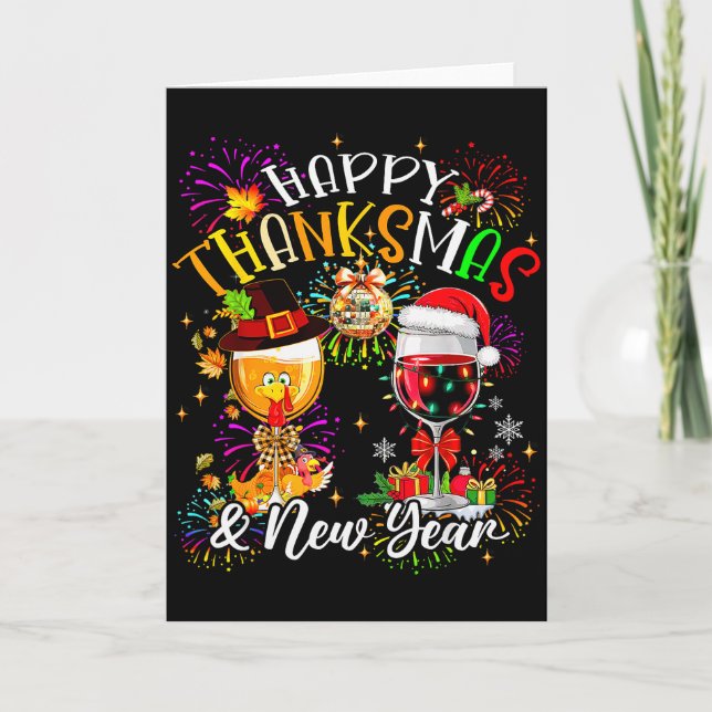 Happy Thanksmas &amp; New Year Firework Disco Wine Card (Front)