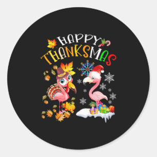 Happy Thanksmas Flamingo Couple Thanksgiving Chris Classic Round Sticker