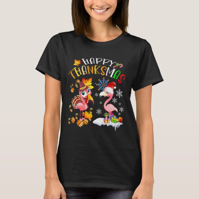 Happy Thanksmas Flamingo Couple Thanksgiving Chris T-Shirt (Front)