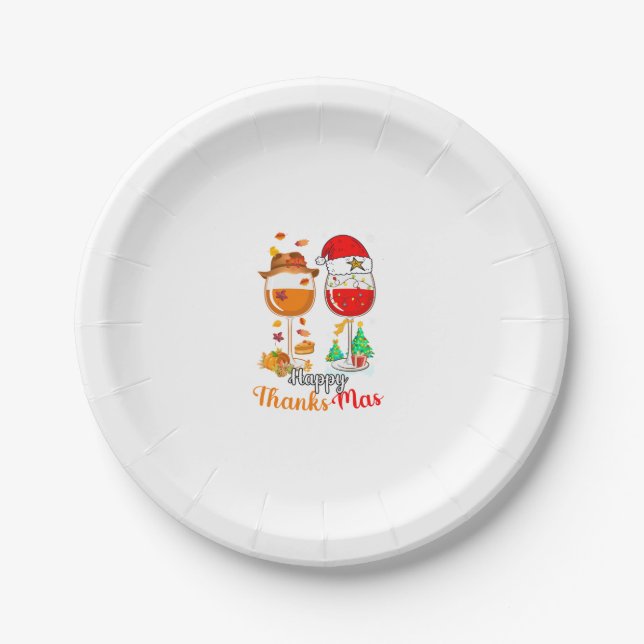 Happy Thanksmas Wine Thanksgiving Christmas Long S Paper Plate (Front)