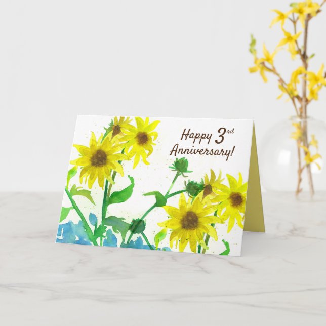 Happy Third Anniversary Sunflowers Watercolor Card (Yellow Flower)