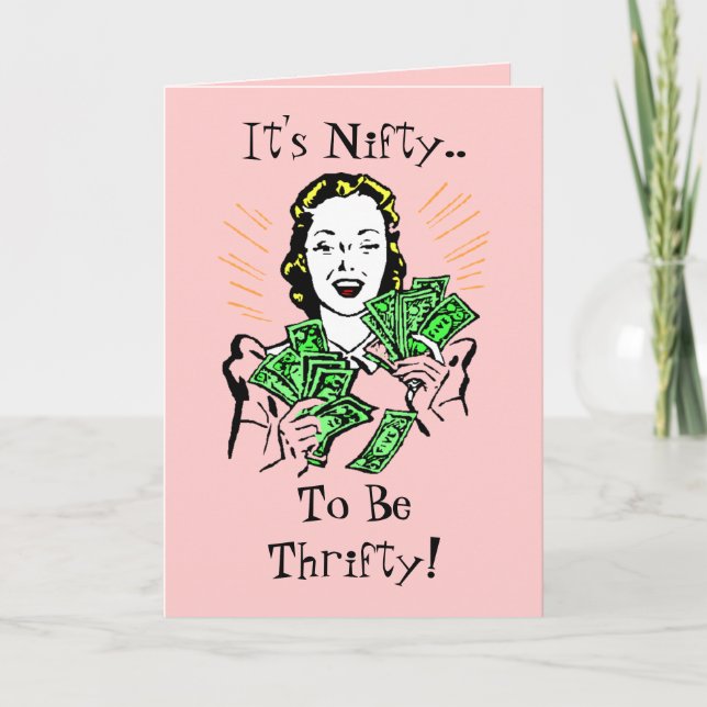 Happy Thrifty Lady Money in Hand Savings Gifts Thank You Card (Front)