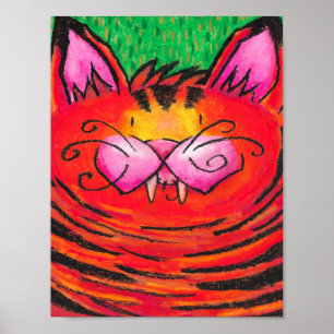 Happy Tiger Cat in Oil Pastel on Green Poster
