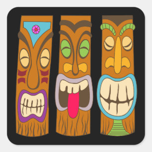 Happy Tiki Statues, Funny Black Square Sticker