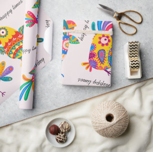 Happy times cute colourful folk art pink yellow wrapping paper