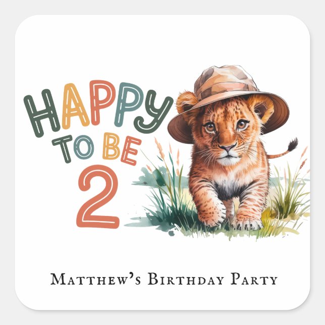 Happy To Be 2 Lion Cub Birthday Party Square Sticker (Front)