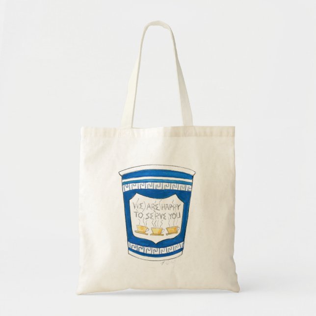 Happy To Serve You NYC Blue Greek Deli Coffee Cup Tote Bag (Front)