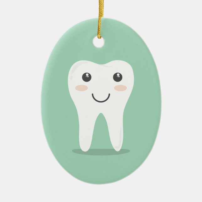 Happy Tooth cartoon dentist brushing toothbrush Ceramic Tree Decoration (Front)