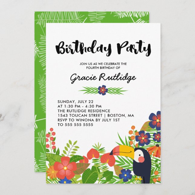 Happy Toucan Tropical Kids Birthday Party Invitation (Front/Back)