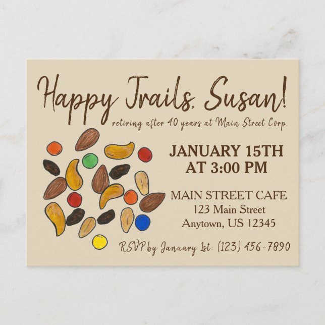 Happy Trails Trail Mix Going Away Retirement Party Invitation Postcard (Front)