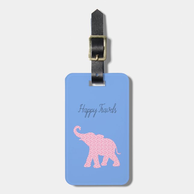 Happy Travels Pink Elephant-Art Unique Luggage Tag (Front Vertical)