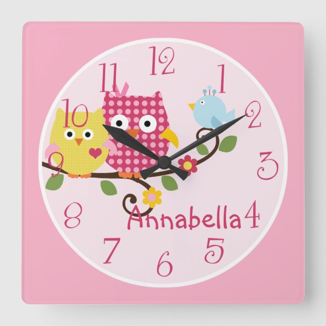 Happy Tree Owls Kid's Baby Nursery Clock (Front)
