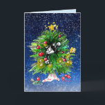 Happy Treemendous Joy!   Card<br><div class="desc">Happy Treemendous Joy!- Wrap yourself up in the warm glow of the season's lights. This black and white kitty cat is joyfull entangled in tree of lights. *Note you can edit, delete, or change any of the text... there are two text fields, you can also add a third if you...</div>