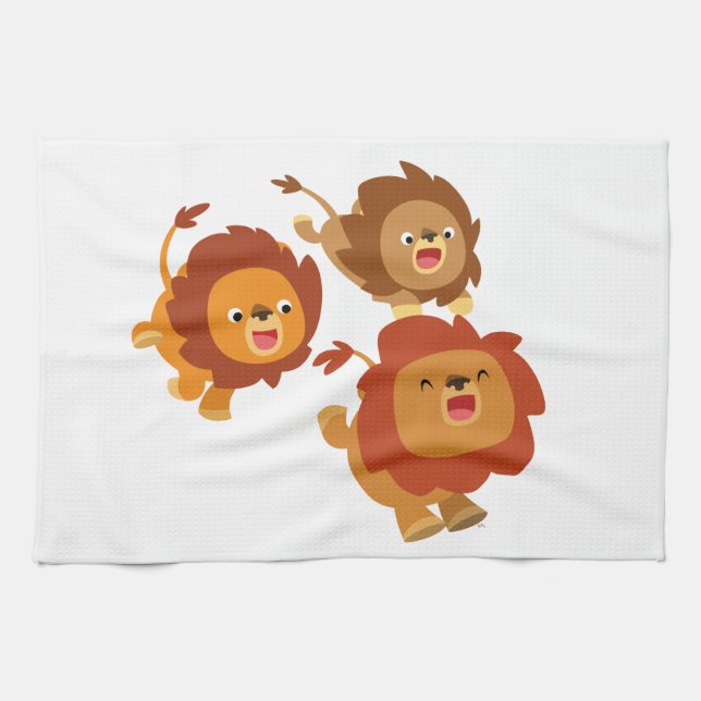 Happy Trio of Cute Cartoon Lions Kitchen Towel (Horizontal)