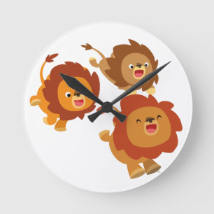 Happy Trio of Cute Cartoon Lions Wall Clock
