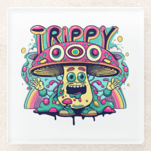 Happy Trippy Mushroom Glass Coaster