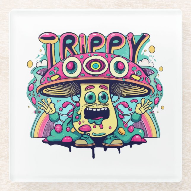 Happy Trippy Mushroom Glass Coaster (Front)