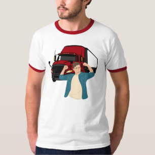 Happy Truck Driver with Red Semi Truck Logistics T-Shirt