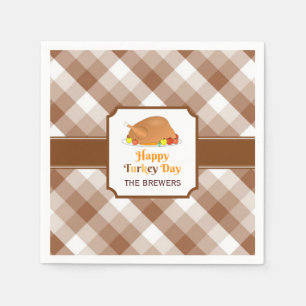 Happy Turkey Day Brown Chequered Paper Napkin