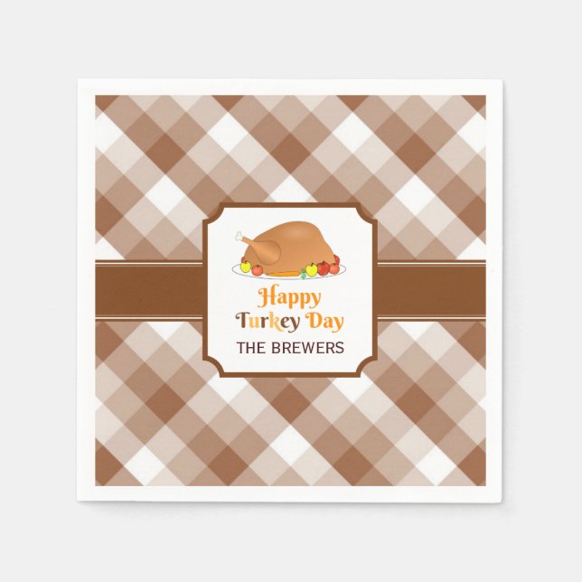 Happy Turkey Day Brown Chequered Paper Napkin (Front)