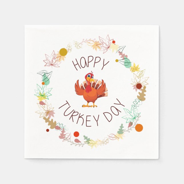 Happy Turkey Day Leaves and Turkey Napkin (Front)