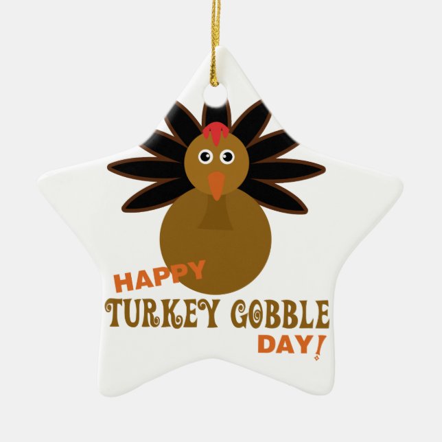 Happy Turkey Gobble Day Thanksgiving Ceramic Tree Decoration (Front)