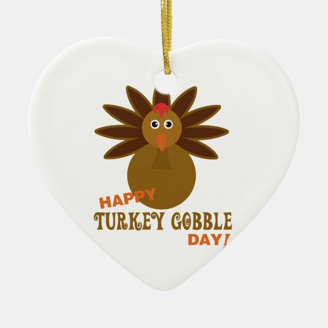Happy Turkey Gobble Day Thanksgiving Ceramic Tree Decoration (Front)