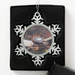 Happy Turtle Snowflake Pewter Christmas Ornament