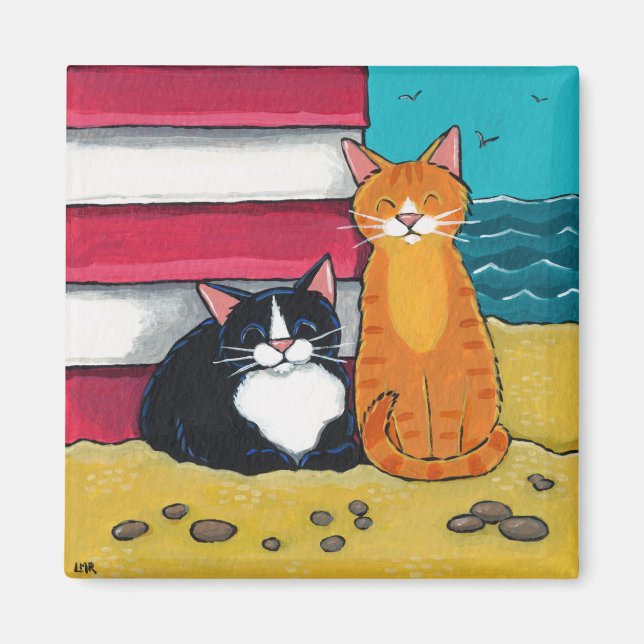 Happy Tuxedo and Tabby Cat on the Beach Magnet (Front)