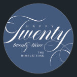 Happy Twenty Twenty Three Blue White Hanukkah Classic Round Sticker<br><div class="desc">These classy Hanukkah holiday round stickers feature the words,  “Happy twenty twenty-three” with placeholders for your favourite photo,  personal greeting,  year and name,  in blue and white.</div>