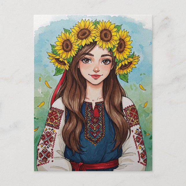 Happy Ukrainian Girl Sunflower Wreath Postcard (Front)