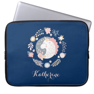 Happy Unicorn Cute Personalised Navy Laptop Sleeve