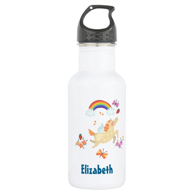 Happy Unicorn with Rainbow Clouds and Flowers 532 Ml Water Bottle (Front)