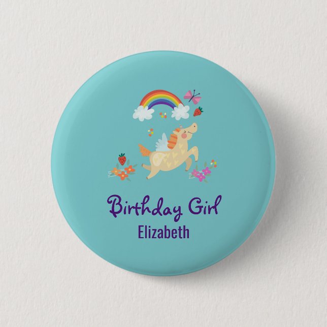 Happy Unicorn with Rainbow Clouds Birthday Girl 6 Cm Round Badge (Front)