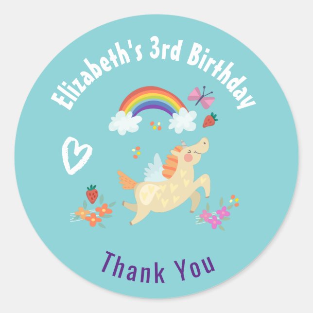 Happy Unicorn with Rainbow Clouds Birthday Thanks Classic Round Sticker (Front)