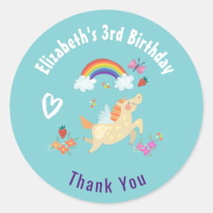 Happy Unicorn with Rainbow Clouds Birthday Thanks Classic Round Sticker