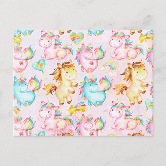 Happy Unicorns Pattern-Unicorn Love in Pink Postcard (Front)