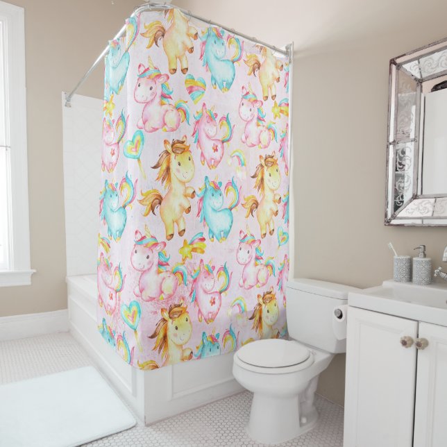 Happy Unicorns Pattern-Unicorn Love in Pink Shower Curtain (In Situ)