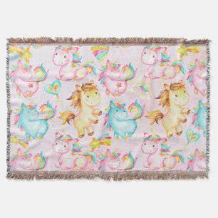 Happy Unicorns Pattern-Unicorn Love in Pink Throw Blanket