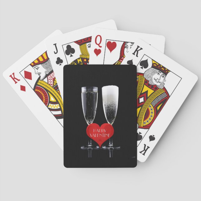 Happy Valentine Champagne Flute Red Heart Text Playing Cards (Back)