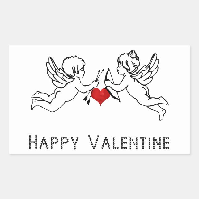 Happy Valentine Cherubs Couple Cute Hearts Text Rectangular Sticker (Front)