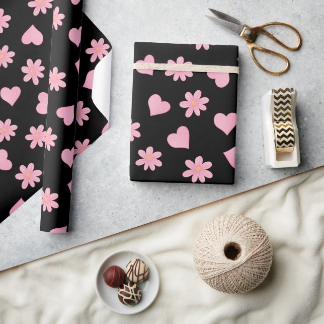 Happy valentine day Black& Pink hearts Flowers Wrapping Paper (Crafts)