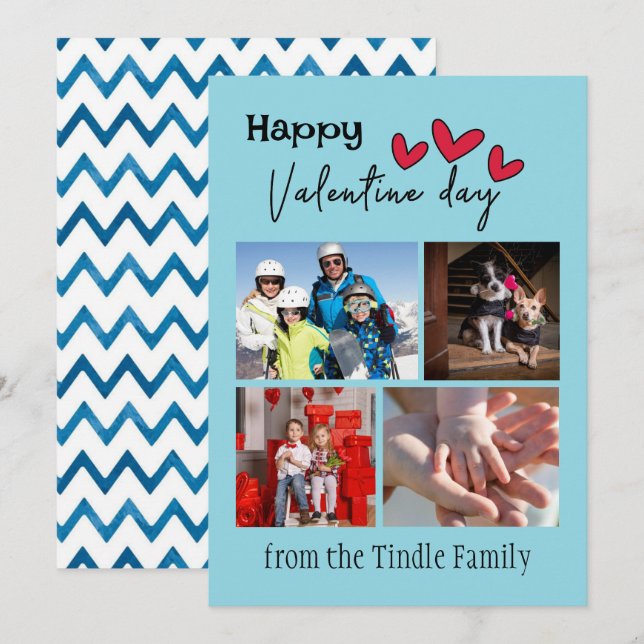 Happy Valentine Day Blue Chevron 4 Photo Valentine Card (Front/Back)