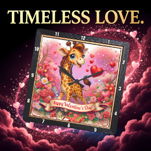 Happy Valentine Day Giraffe Square Wall Clock