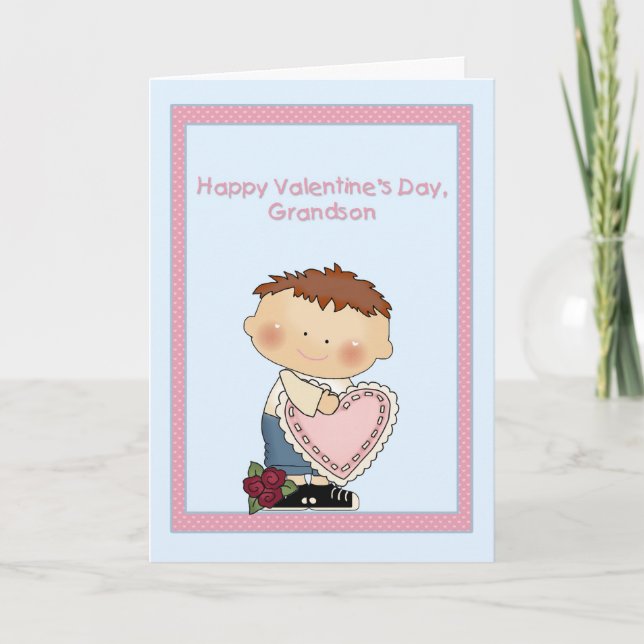 Happy Valentine Grandson, Pink Heart Holiday Card (Front)