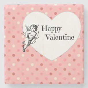Happy Valentine heart polka dots pink illustration Stone Coaster