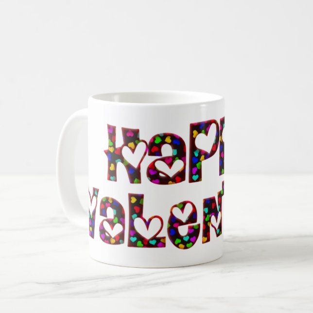 Happy Valentine Love Hearts Typography Cute Coffee Mug (Front Left)