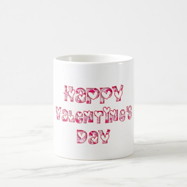 Happy Valentine Love Hearts Typography Pink Coffee Mug (Center)