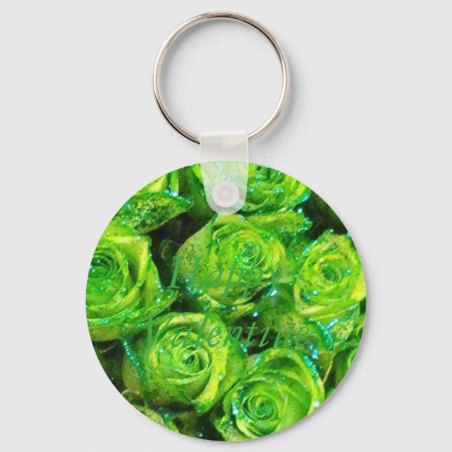 Happy Valentine Love Romantic Green Glitter Roses Key Ring (Front)