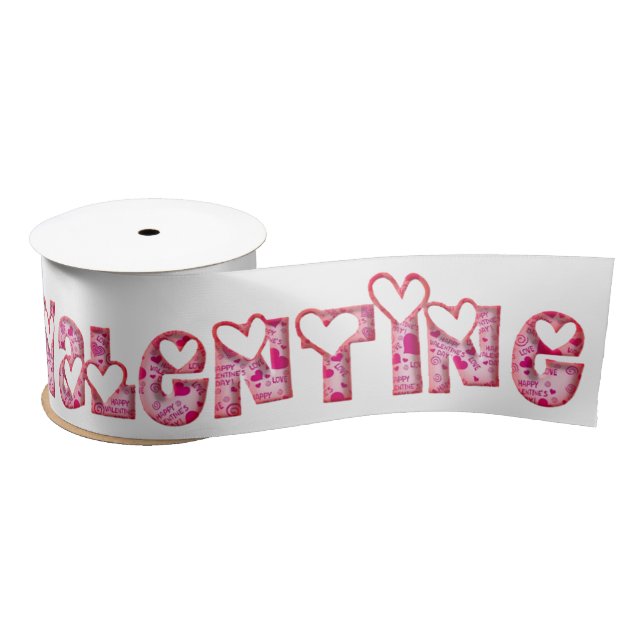 Happy Valentine Pink Hearts Typography Cute Satin Ribbon (Spool)